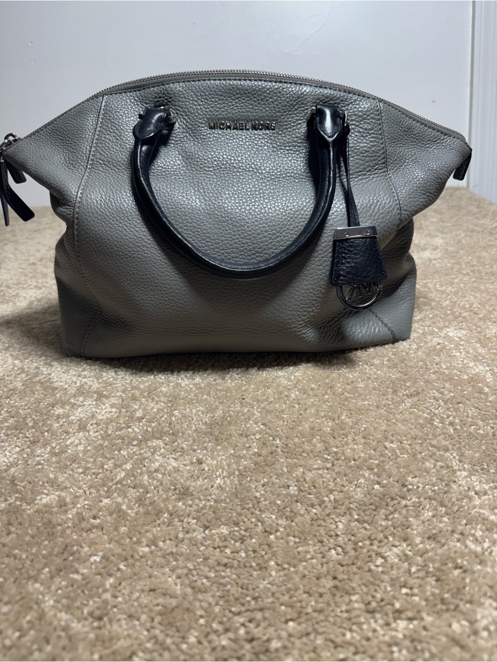Michael Kors Gray Pebbled Leather Satchel with Black Handles